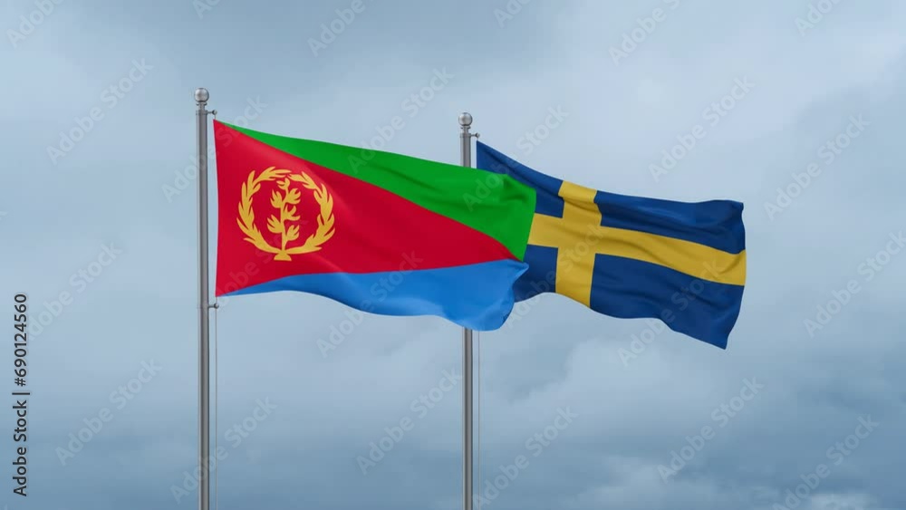 Sweden and Eritrea flag waving together on cloudy sky, endless seamless loop, two country cooperation concept Sweden and Eritrea flag waving together on cloudy sky, endless seamless loop, two country cooperation concept