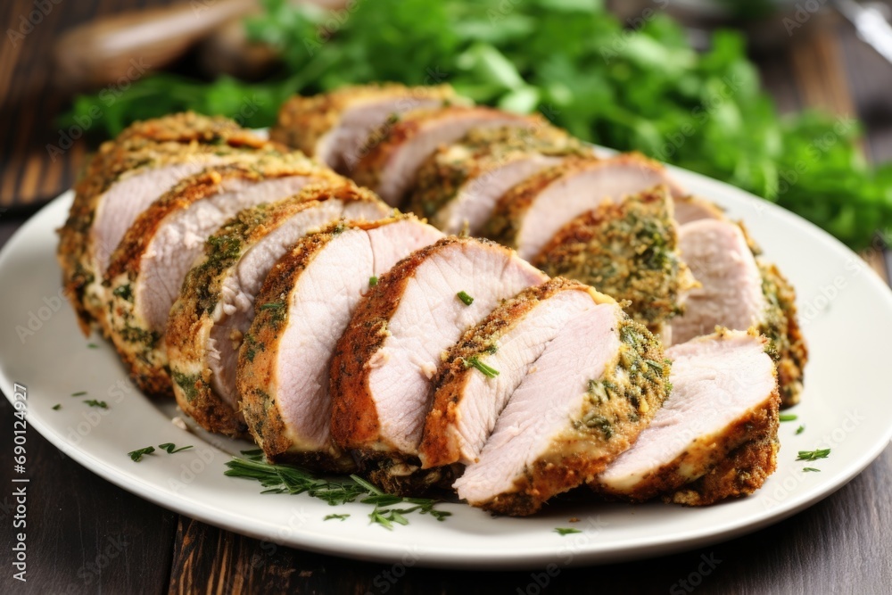 fresh herb-crusted pork pieces on a plate fresh herb-crusted pork pieces on a plate