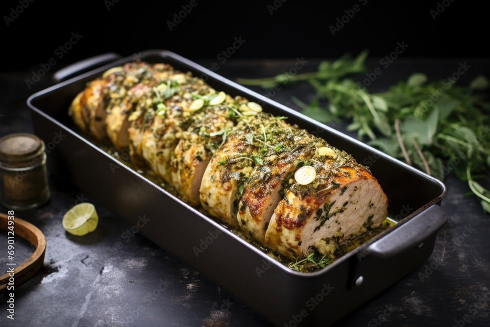 pork loin covered with herbs in a roasting pan pork loin covered with herbs in a roasting pan