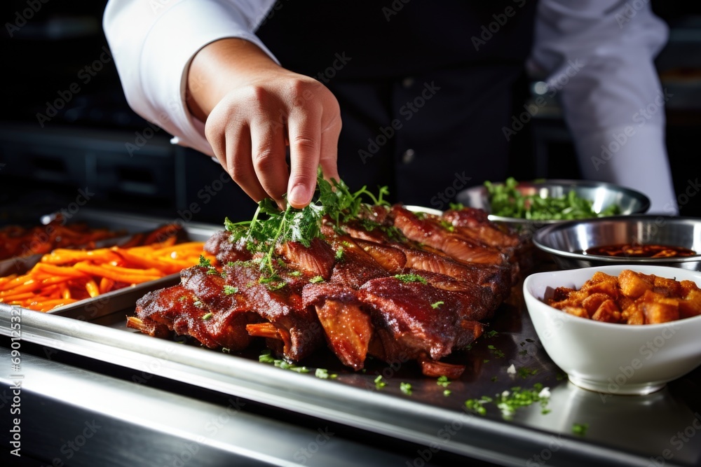 chef garnishing cooked ribs before serving