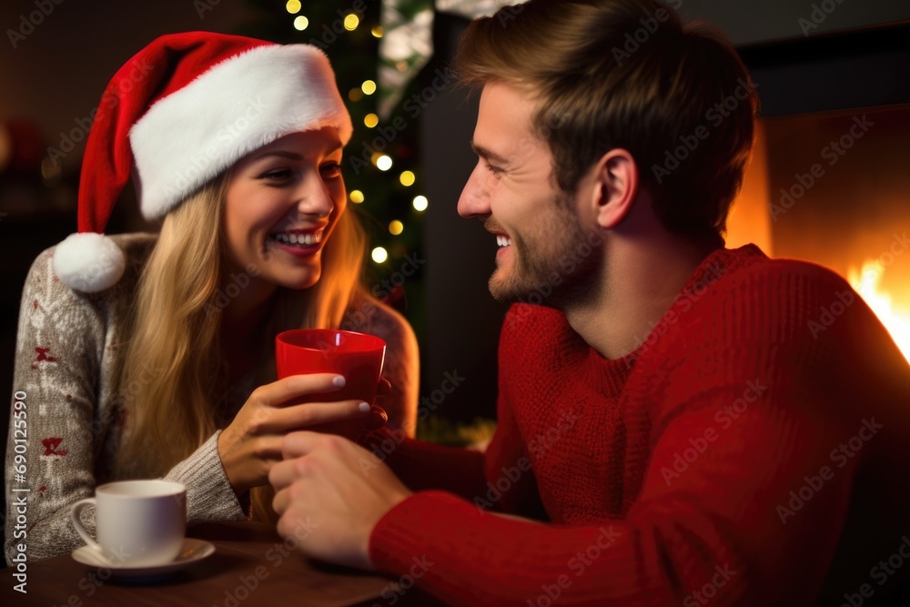 couple enjoying holiday eggnog by the fireplace
