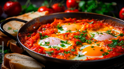 shakshuka in a frying pan. Selective focus.