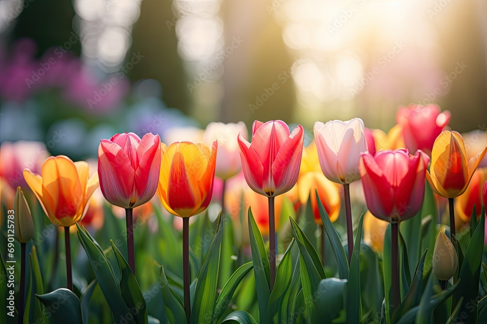 A bright field of blooming tulips of different colors, conveying the beauty and essence of spring in the garden landscape.