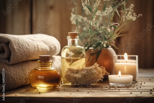Aromatherapy and spa wellness concept with essential oils, candles, flowers and natural elements for relaxation and beauty.