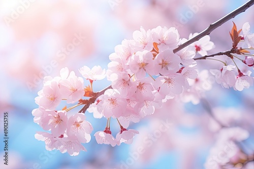 Pink cherry blossoms  sakura against the blue sky  conveying the beauty of spring with delicate and blooming flowers.