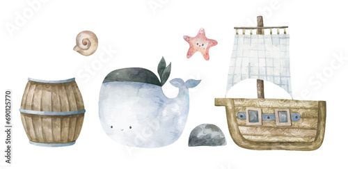 Marine collection with cute pirate whale and ship. Pirate wooden