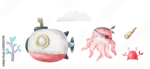 Marine collection with submarine and octopus, crab and seaweed.