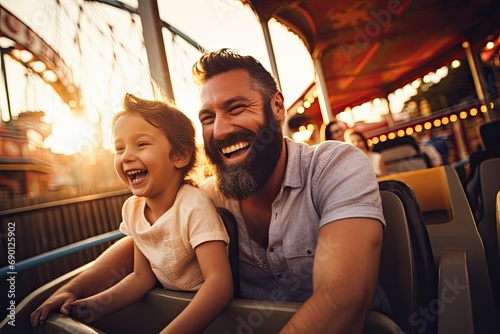 Happy father and son enjoy an active holiday at the amusement park, radiate joy and create cherished memories together.