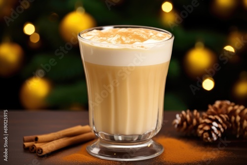 gingerbread latte on the windowsill with christmas tree in the background