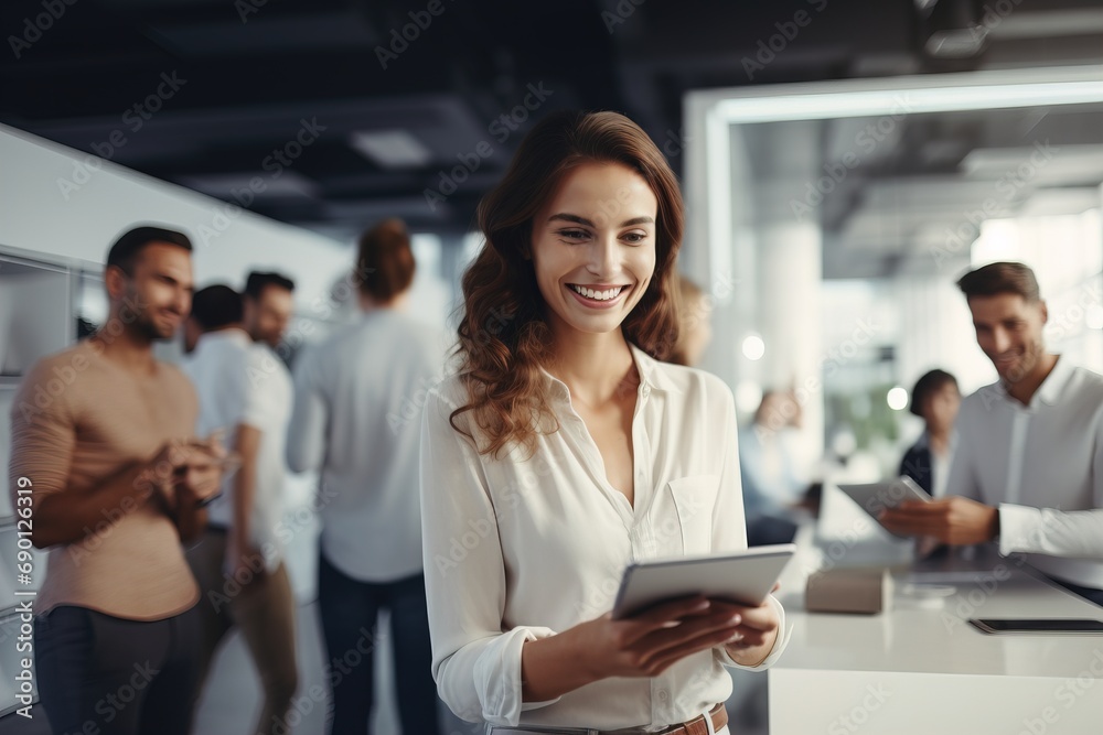 A young positive woman uses the Internet and a tablet in her hands. Business people in the office are colleagues.