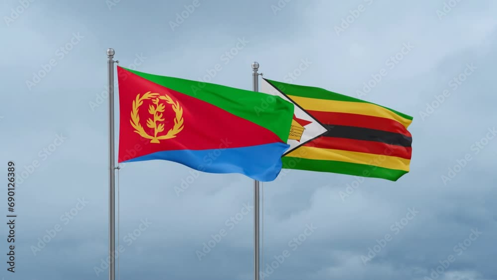 Zimbabwe and Eritrea flag waving together on cloudy sky, endless seamless loop, two country cooperation concept Zimbabwe and Eritrea flag waving together on cloudy sky, endless seamless loop, two country cooperation concept