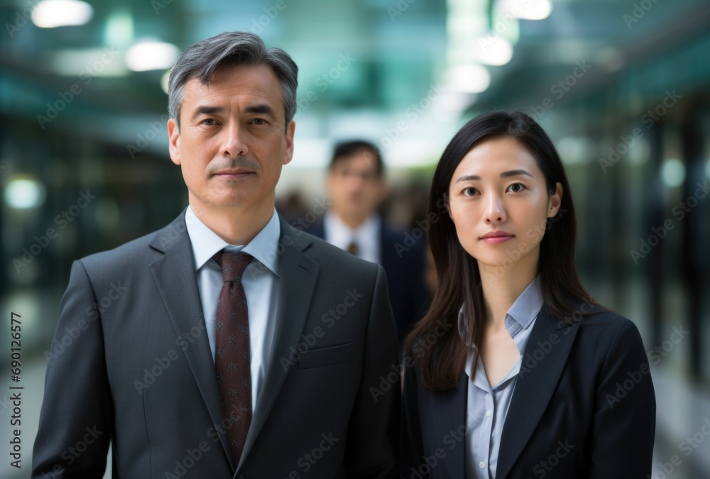 Two confident business professionals in formal attire stand in a modern office environment, exuding professionalism and teamwork. Ideal for illustrating corporate culture and leadership concepts. Two confident business professionals in formal attire stand in a modern office environment, exuding professionalism and teamwork. Ideal for illustrating corporate culture and leadership concepts.