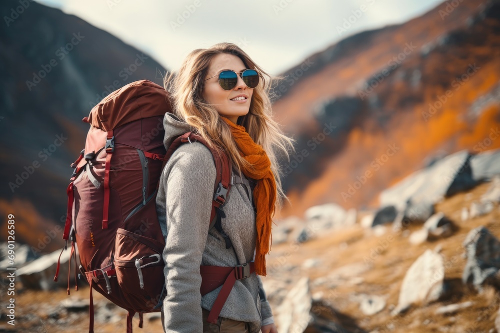 An adventurous traveler with a backpack enjoying nature, hiking through mountains, and exploring scenic landscapes with a smile.