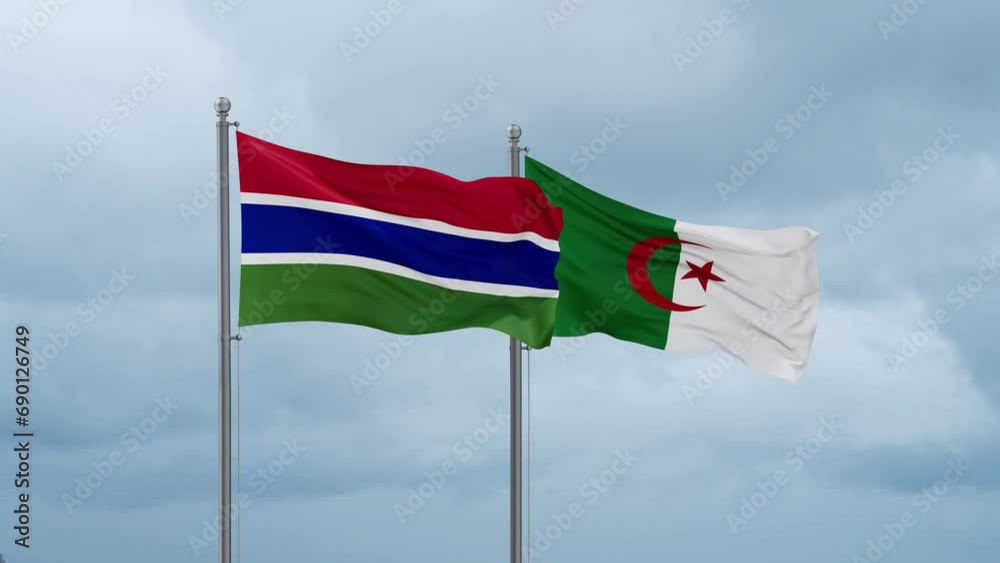 Gambia flag and Algeria flag waving together on cloudy sky, endless seamless loop Gambia flag and Algeria flag waving together on cloudy sky, endless seamless loop