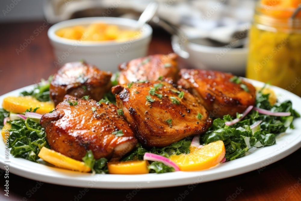 dinner plate with glazed honey mustard pork chops