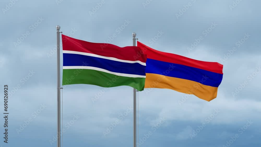 Armenia and Gambia flag waving together on cloudy sky, endless seamless loop, two country cooperation concept Armenia and Gambia flag waving together on cloudy sky, endless seamless loop, two country cooperation concept