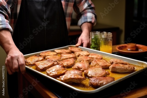 cook presenting a tray of juicy honey mustard pork chops