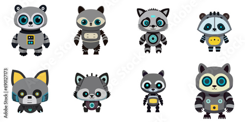 Vector illustration of multiple cute raccoon robots