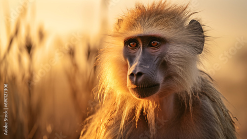 Photo of a baboon in the grasslands of Africa at sunset photo