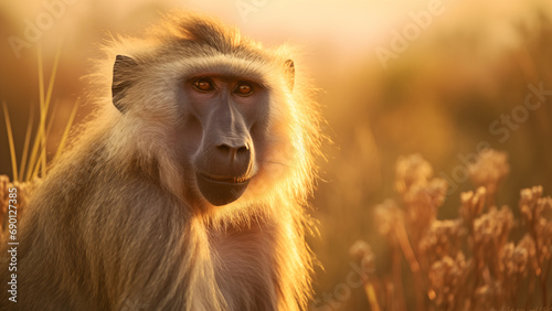 Photo of a baboon in the grasslands of Africa at sunset photo