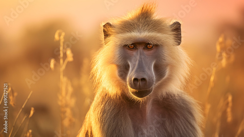 Photo of a baboon in the grasslands of Africa at sunset © DY