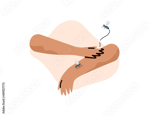 Illustration of a hand swatting an arm that is bitten by mosquitoes. Repels mosquitoes that bite hands. humans and insects. Flat and cartoon illustration designs. graphic elements. Vector