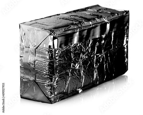 Black Silver foil food bag isolated on white background with clopping path