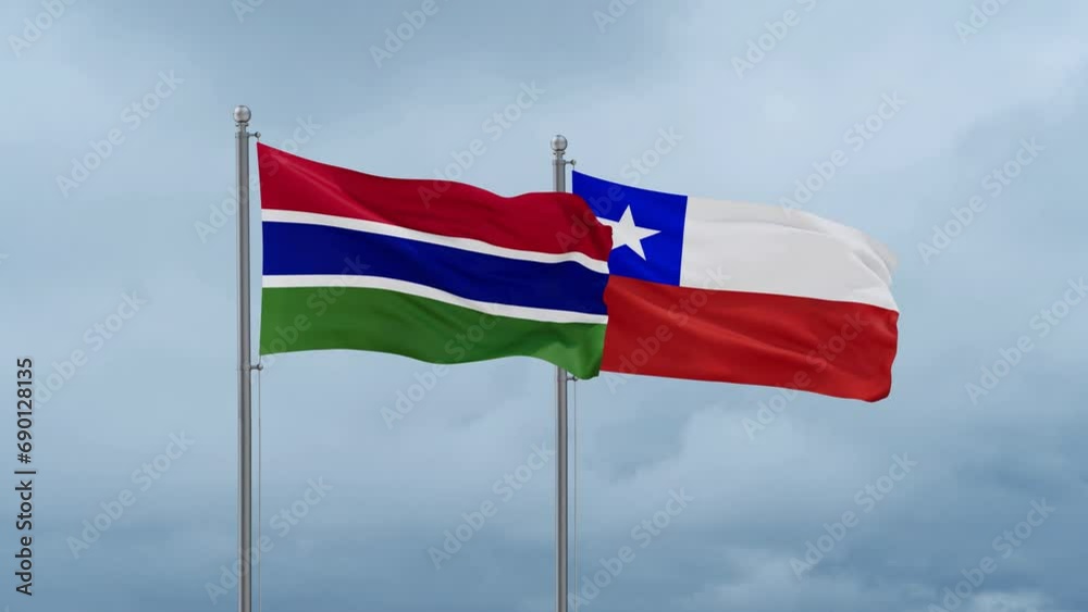 Chile flag and Gambia flag waving together on cloudy sky, endless seamless loop, two country relations concept Chile flag and Gambia flag waving together on cloudy sky, endless seamless loop, two country relations concept