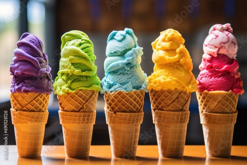 vibrant flavors displayed in ice cream cones