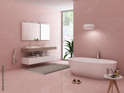 A Pink marble floor and wall  a white bathtub  tiny table next to it for toiletries  a hanging bathrobe  a plant for fresh air  and other items can be found within a magnificent bathroom. 3D Rendering