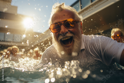 Stylish elderly man have fun in pool at summer time