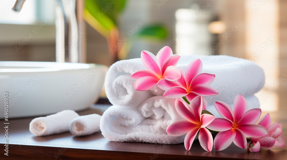 Towels on a tropical background with plumeria flowers. Selective focus. Towels on a tropical background with plumeria flowers. Selective focus.