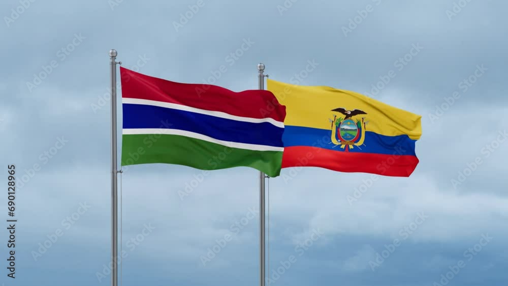 Ecuador flag and Gambia flag waving together on cloudy sky, endless seamless loop, two country relations concept Ecuador flag and Gambia flag waving together on cloudy sky, endless seamless loop, two country relations concept