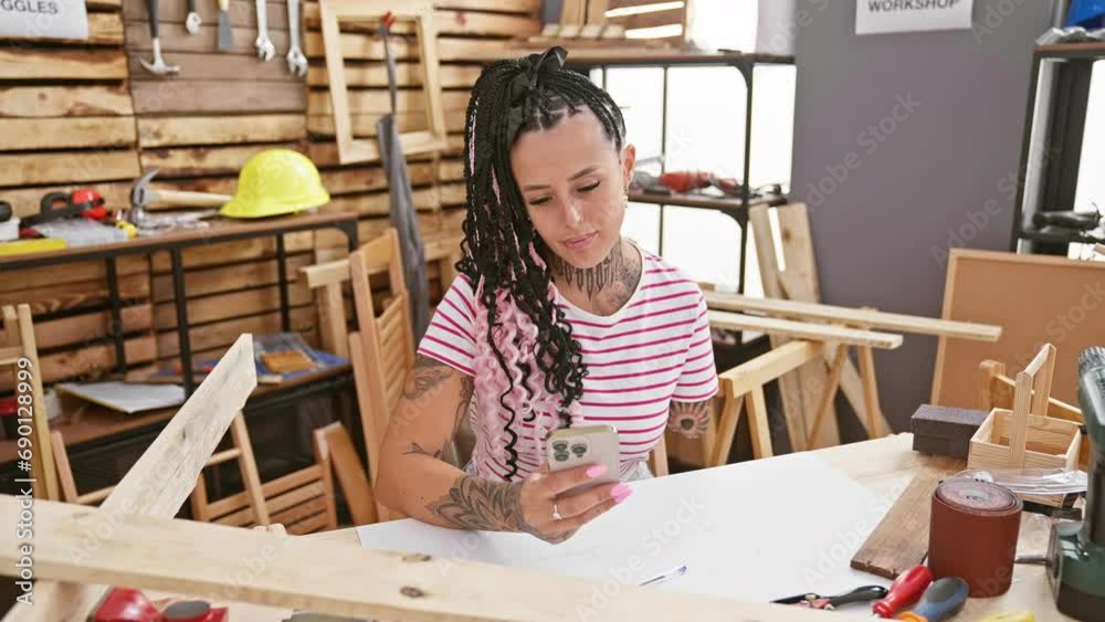 Armless hispanic carpenter woman leverages technology, uses smartphone in her woodwork workshop Armless hispanic carpenter woman leverages technology, uses smartphone in her woodwork workshop