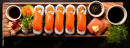 Sushi rolls on a board. Selective focus.