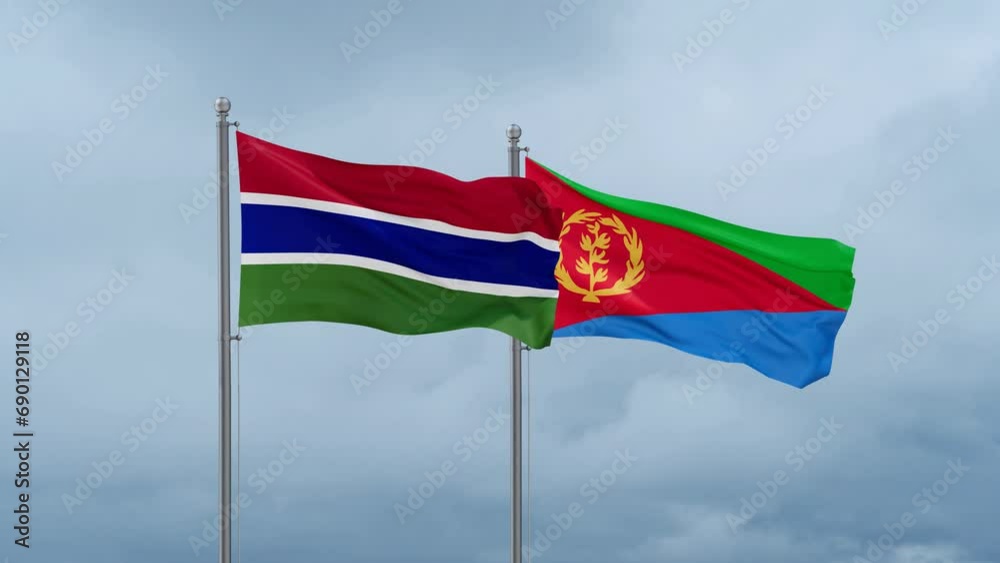 Eritrea and Gambia flag waving together on cloudy sky, endless seamless loop, two country cooperation concept Eritrea and Gambia flag waving together on cloudy sky, endless seamless loop, two country cooperation concept
