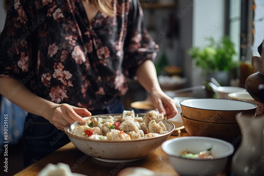 woman serving bowl of chinese dumplings