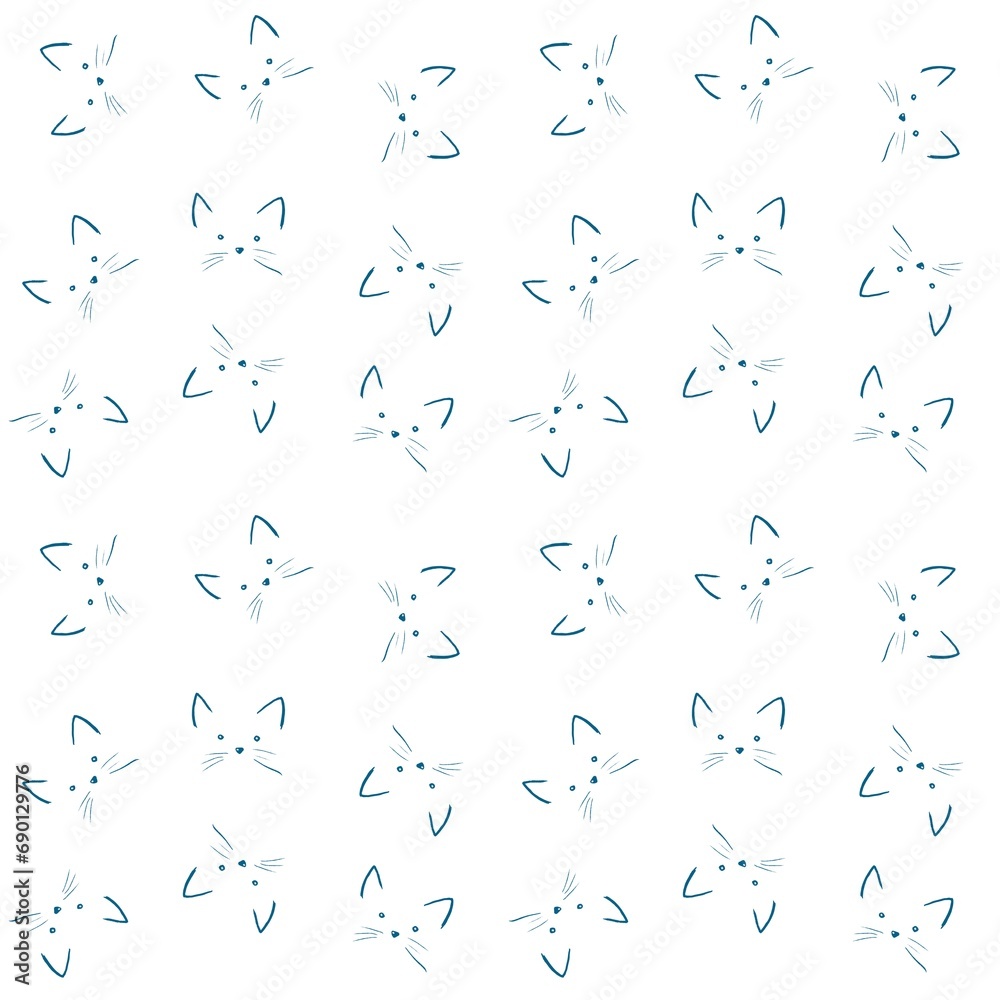 Digital seamless pattern cute cat face clipart,cartoon repeating pattern, fabric textile gift wrapping paper, wallpaper for children's room. Hand drawn illustration on white background.