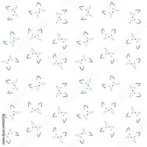Digital seamless pattern cute cat face clipart,cartoon repeating pattern, fabric textile gift wrapping paper, wallpaper for children's room. Hand drawn illustration on white background.
