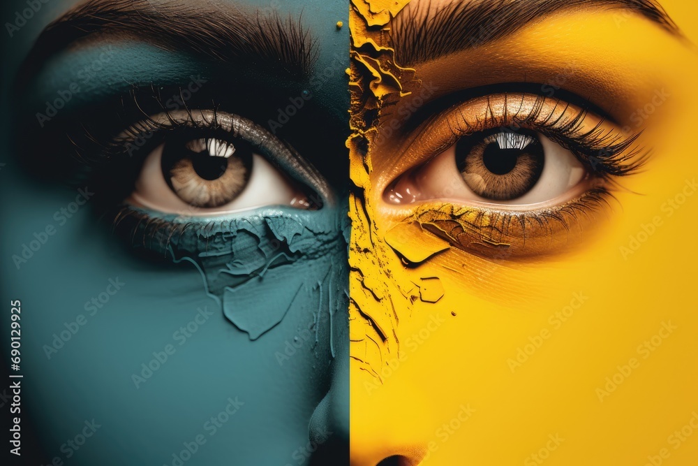 Artistic contrast of two women with colorful makeup. Creative beauty and fashion.