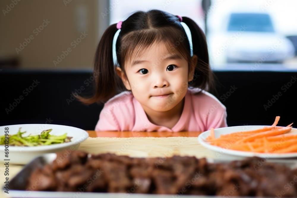 child with a curious look at bulgogi on her plate child with a curious look at bulgogi on her plate