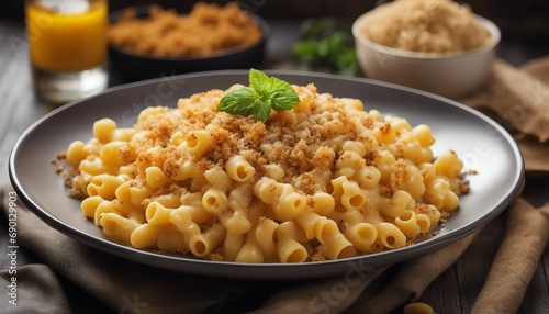 Macaroni and cheese on wooden background. Selective focus.