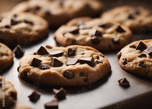 Chocolate chip cookies on baking paper, shallow depth of field.