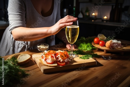 woman preparing a sausage sandwich with a glass of lager nearby