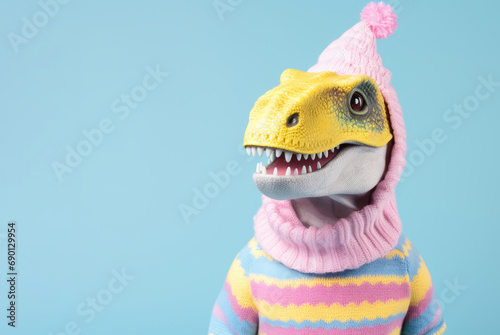 T-Rex with Santa Claus pastel color hat and christmas sweater. Animal dino as a human.