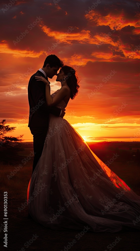 Bride and groom embracing at sunset with vivid skies in the background, romantic wedding concept. Bride and groom embracing at sunset with vivid skies in the background, romantic wedding concept.