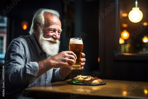 elderly man sipping light beer with a grilled chicken sandwich