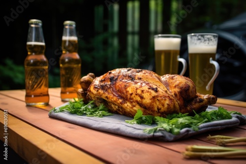 bottle of light beer with grilled chicken on the bbq