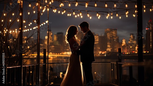 Romantic silhouette of a couple embracing under string lights with a city skyline backdrop at dusk.