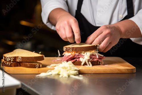 a man in chef whites slicing a reuben sandwich